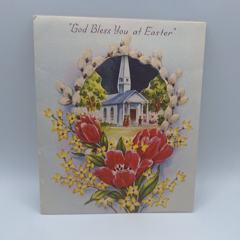 Vintage Easter Card God Bless You Tulip‎ Church Design Religious Note Personal